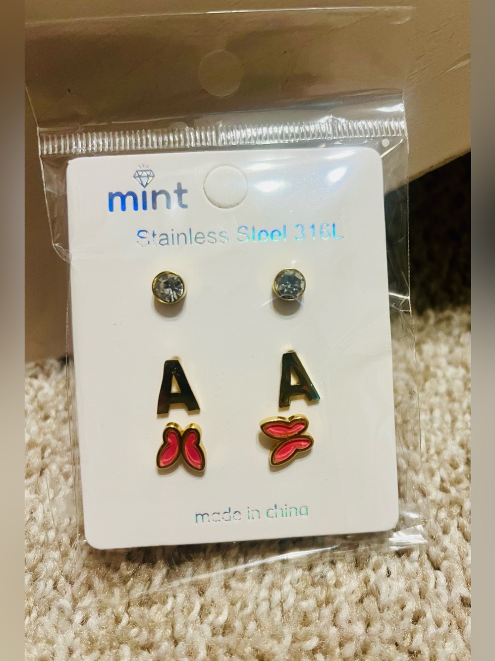 Mint 3-Pair Pink Butterfly & Initial 'A' Earrings Set